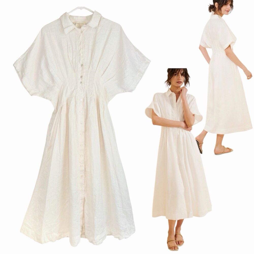 Anthropologie Exquise The Tobie Linen Midi Dress Petite Large White Coastal